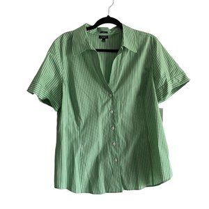 TALBOT'S Green & White Short Button Sleeve Button Up Blouse NWT